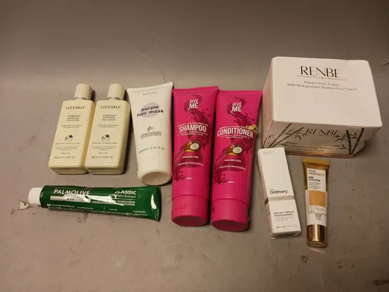 BOX OF APPROXIMATELY 15 COSMETIC ITEMS TO INCLUDE PURPLE HAIR MASK, GIVE ME SHAMPOO, AND ORDINARY DIRECT ACIDS ETC. 