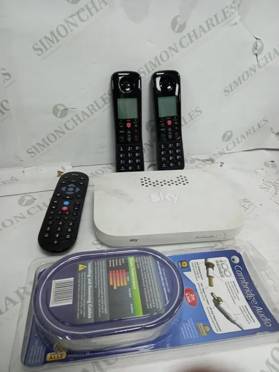 BOX OF APPROXIMATELY 10 ASSORTED ITEMS TO INCLUDE - HOUSE PHONE, SKY BOX, 100 SERIES WIRE ETC