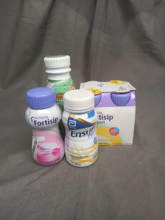 APPROXIMATELY 20 ASSORTED FOOD ITEMS TO INCLUDE GRENADE PROTEIN SHAKE - NUTRICIA FORTSIP DRINK IN VANILLA - ENSURE PLUS DRINK IN BANANA - ETC