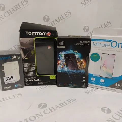 APPROXIMATELY 10 ASSORTED ITEMS TO INCLUDE SMART PLUG, TOMTOM COMFORT CASE, MINUTE ONE CLEAR CASE FOR SAMSUNG GALAXY NOTE20, LIFEPROOF IPHONE 6/6S CASE