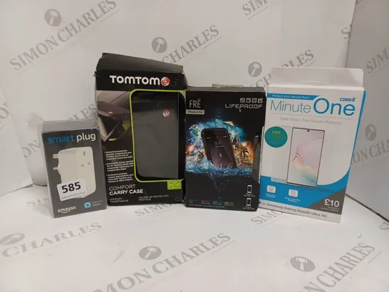 APPROXIMATELY 10 ASSORTED ITEMS TO INCLUDE SMART PLUG, TOMTOM COMFORT CASE, MINUTE ONE CLEAR CASE FOR SAMSUNG GALAXY NOTE20, LIFEPROOF IPHONE 6/6S CASE