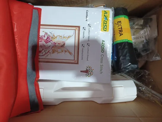 BOX OF APPROXIMATELY 10 ASSORTED HOUSEHOLD ITEMS TO INCLUDE REFUSE BAGS, AZQSD CROSS STITCH, SUNTEK PAINT PROTECTION FILM, ETC