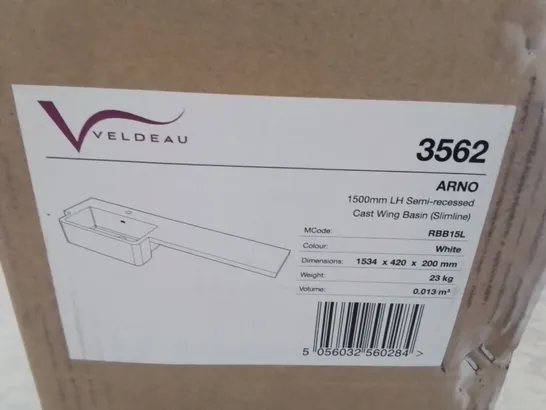 BOXED AS NEW VELDEAU ARNO 1500MM LH SEMI RECESSED CAST WING BASIN - 1534X420X200MM