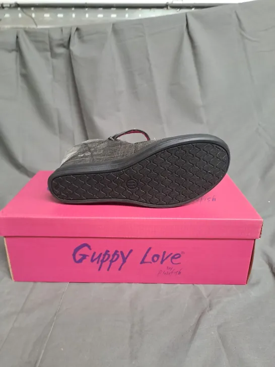 BOXED LOT OF 12 PAIRS OF GUPPY LOVE LADIES WEDGE HEEL SHOES. VARIOUS SIZES