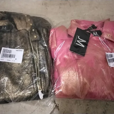 BOX OF APPROX 11 JULIEN MACDONALD METALLIC BIKER JACKETS BLACK/GOLD - SIZE 10 AND 1 JULIEN MACDONALD METALLIC BIKER JACKET PINK/GOLD SIZE 8