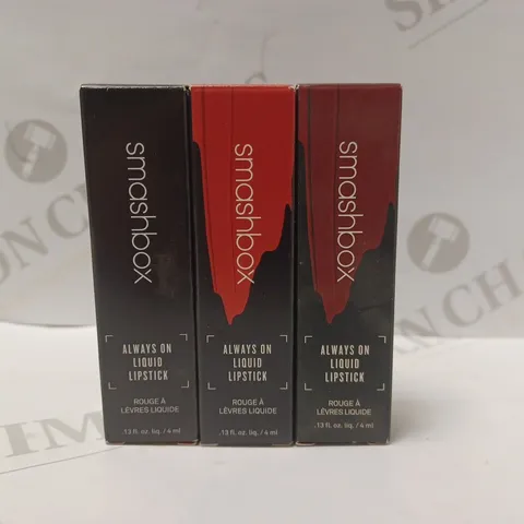 LOT OF 3 ASSORTED SMASHBOX ALWAYS ON LIQUID LIPSTICKS - TAR PIT, THRILL SEEKER, DISORDERLY