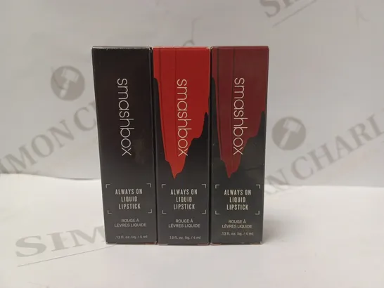 LOT OF 3 ASSORTED SMASHBOX ALWAYS ON LIQUID LIPSTICKS - TAR PIT, THRILL SEEKER, DISORDERLY