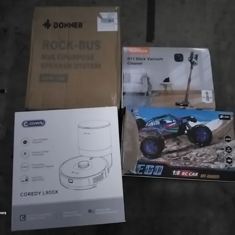 PALLET OF ASSORTED ITEMS INCLUDING ROCK-BUS MULTIPURPOSE SPEAKER SYSTEM, COREDY ROOMBA, OFF-ROADER DEGO 1:8 RC CAR, HONITURE S11 STICK VACUUM, G-LAB MOUSE AND KEYBOARD SET, IROBOT ROOMBA 