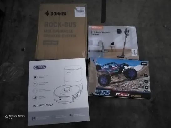 PALLET OF ASSORTED ITEMS INCLUDING ROCK-BUS MULTIPURPOSE SPEAKER SYSTEM, COREDY ROOMBA, OFF-ROADER DEGO 1:8 RC CAR, HONITURE S11 STICK VACUUM, G-LAB MOUSE AND KEYBOARD SET, IROBOT ROOMBA 