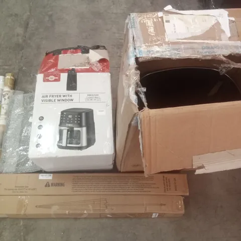 PALLET OF ASSORTED ITEMS INCLUDING AIR FRYER WITH VISIBLE WINDOW, RETRACTABLE GATE, 6L PLASTIC FRAME BEE FEEDER, SCRATCH OFF WORLD MAP, PARASOL, DUOFIRE WINDOW FILM 