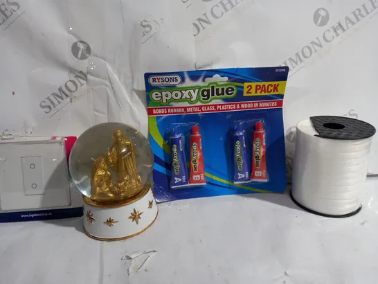 BOX OF APPROXIMATELY 8 ASSORTED ITEMS TO INCLUDE - EPOXY GLUE - GOLDEN GLOBE - LIGHT SWITCH ECT