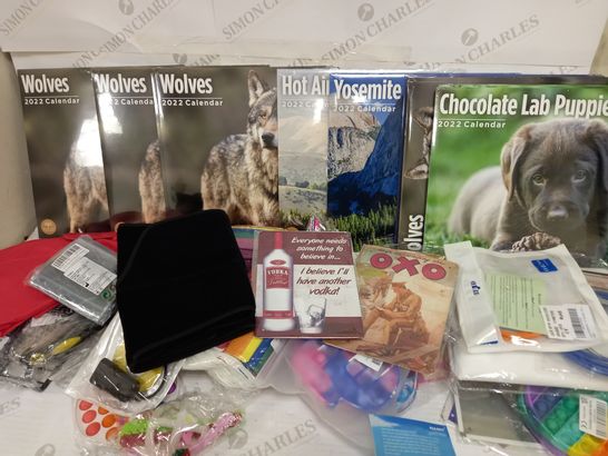 BOX OF ASSORTED ITEMS TO INCLUDE 16X 2022 CALENDARS, DOG RAINCOAT RED, BADGE HOLDERS, METAL SINK CADDY ORGANISER, USB VIDEO ADAPTER WITH AUDIO, ETC