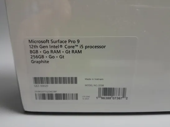 SEALED MICROSOFT SURFACE PRO 9 12TH GEN INTEL CORE I5 PROCESSOR 8GB GO RAM GT RAM 256GB - GRAPHITE