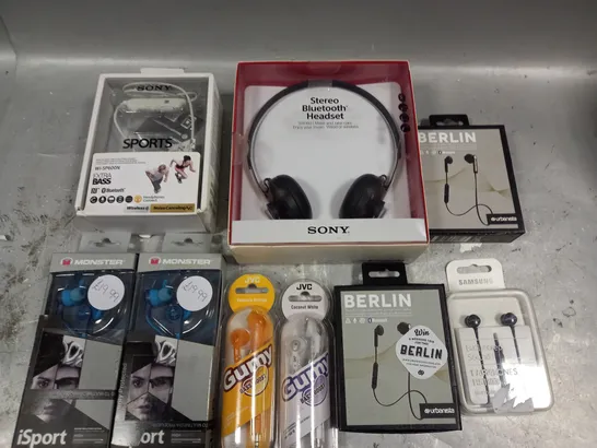 LOT OF 9 ASSORTED AUDIO ITEMS TO INCLUDE SONY HEADSET, JVC GUMMYS AND MONSTER SPORTS EARPHONES