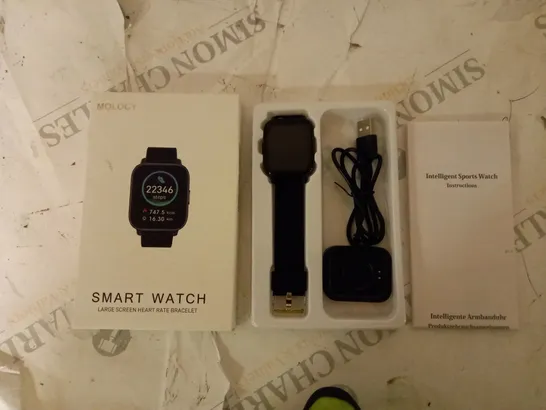 BOXED MOLOGY SMART WATCH WITH CHARGING DOCK AND MANUAL