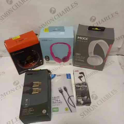 BOX OF APPROXIMATELY 10 ASSORTED ELECTRICAL PRODUCTS TO INCLUDE HEADPHONES, A/V CABLES, CHARGING CABLE ETC 