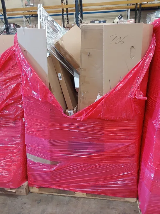 PALLET OF ASSORTED HOUSEHOLD ITEMS AND CONSUMER PRODUCTS TO INCLUDE; BABY GATE, THERMOSTATIC SHOWER PACK, LAUNDRY BIN, BOXED FURNITURE ETC 