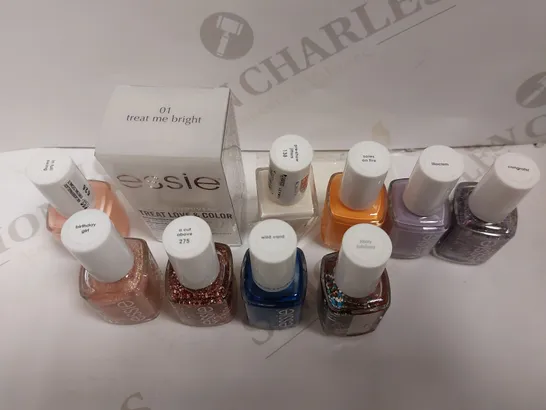 BOX OF APPROX 10 ESSIE NAIL PRODUCTS TO INCLUDE NAIL STRENGTHENER AND NAIL LACQUER IN ASSORTED COLOURS 