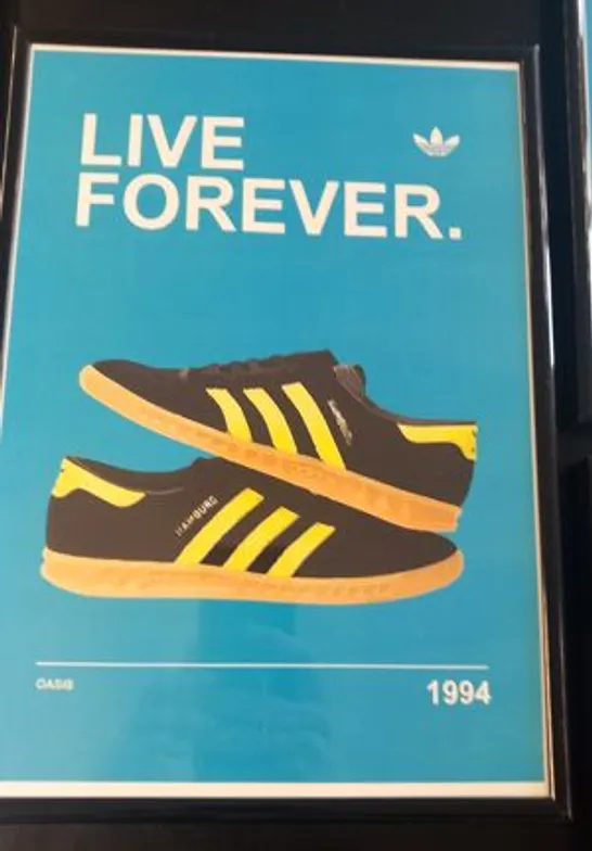 FIVE FRAMED ADIDAS CASUALS/MANCHESTER MUSIC SCENE INSPIRED PRINTS TO INCLUDE BLUE MONDAY/MANCHESTERS, LIVE FOREVER/HAMBURGS AND WONDERWALL/STOCKHOLMS