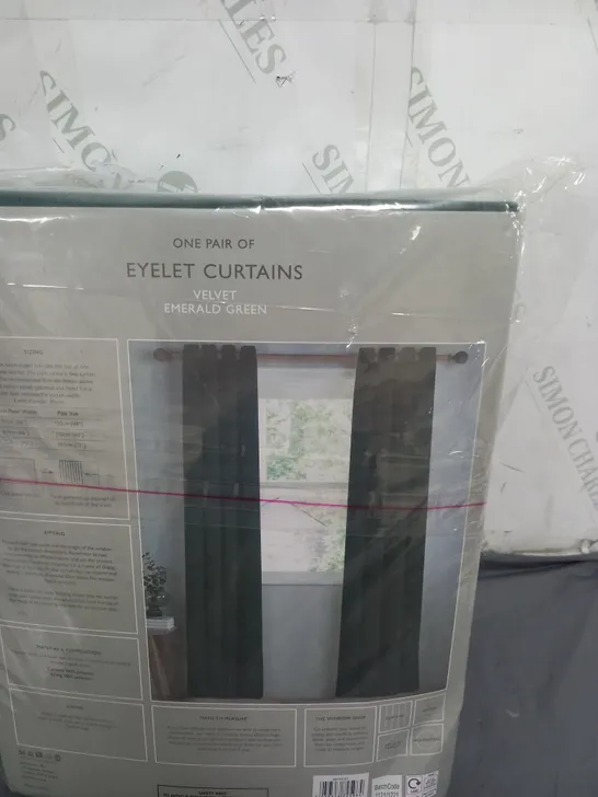 JOHN LEWIS ONE PAIR OF EYELET CURTAINS VELVET EMERALD GREEN 167CM BY 137CM 