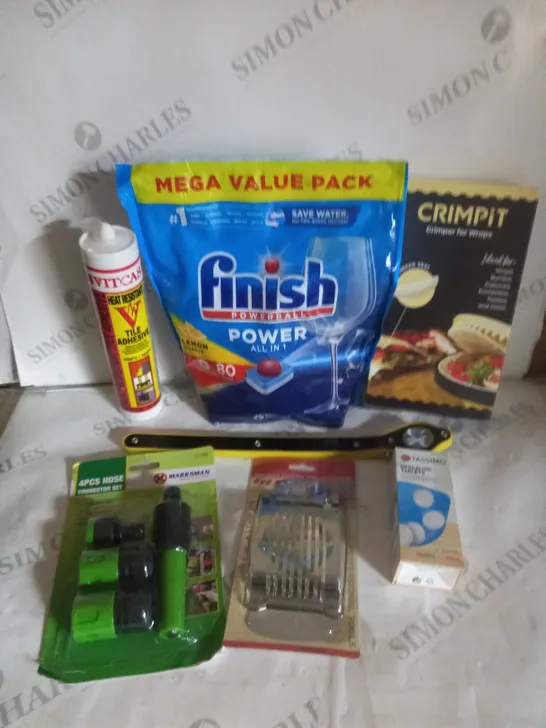 APPROXIMATELY 20 ASSORTED HOUSEHOLD & LEISURE PRODUCTS TO INCLUDE FINISH POWERBALL TABLETS, CRIMPIT CRIMPER, MARKSMAN GARDEN HOSE CONNECTOR SET ETC 