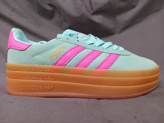 BOXED PAIR OF ADIDAS GAZELLE BOLD SHOES IN GREEN/PINK UK SIZE 5