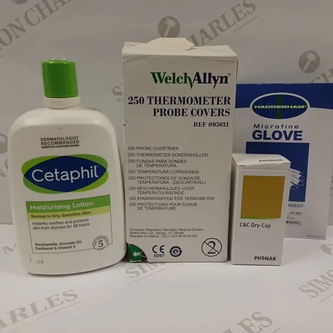 APPROXIMATELY 20 ASSORTED HEALTH PRODUCTS TO INCLUDE CETAPHIL MOISTURISING LOTION, THERMOMETER PROBE COVERS, MICROFINE GLOVE, C&C DRY-CAP ETC. 