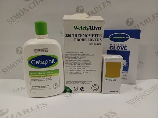 APPROXIMATELY 20 ASSORTED HEALTH PRODUCTS TO INCLUDE CETAPHIL MOISTURISING LOTION, THERMOMETER PROBE COVERS, MICROFINE GLOVE, C&C DRY-CAP ETC. 