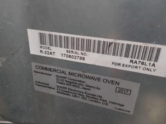 SHARP COMMERCIAL MICROWAVE 1500W R-22AT