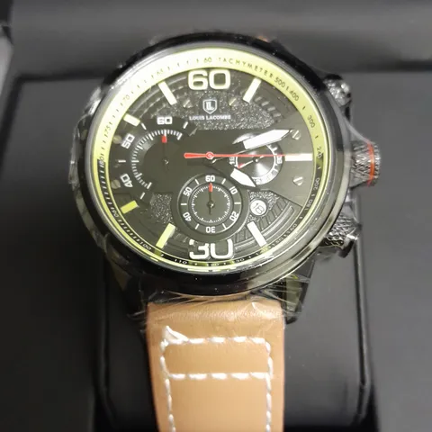 MENS LOUIS LACOMBE CHRONGRAPH WATCH WITH 3 SUB DIALS, BLACK CASE AND LEATHER STRAP