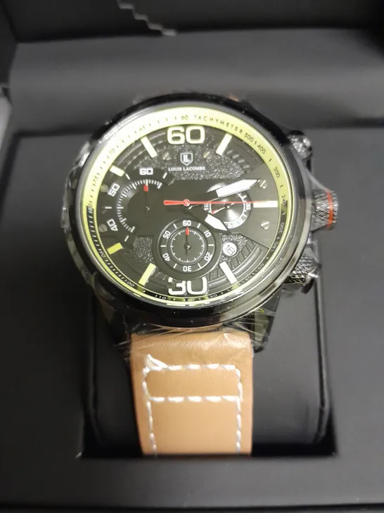 MENS LOUIS LACOMBE CHRONGRAPH WATCH WITH 3 SUB DIALS, BLACK CASE AND LEATHER STRAP