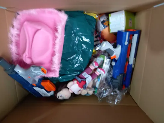 BOX OF APPROX 40 ASSORTED TOYS TO INCLUDE - NERF RETALIATOR - JURASSIC WORLD DINO SUPRISE - CARD EARLY EDUCATION DEVICE ECT