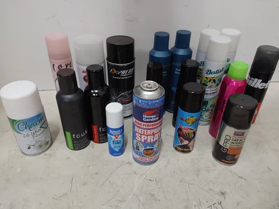 TWO TOTES OF ASSORTED AEROSOLS INCLUDING, DRY SHAMPOO, HEAT RESISTANT PAINT, WART REMOVER, AIR CON SEALER, DEEP HEAT, HARRYS SHAVING FOAM, WATERPROOF SPRAY, HAIR CARE, 