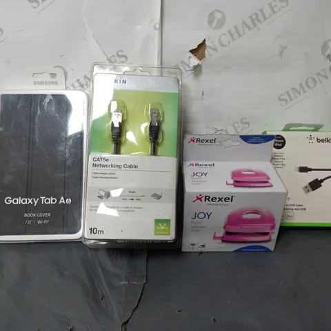 BOX OF APPROX 30 ASSORTED ITEMS TO INCLUDE - REXEL JOY , BELKIN USB TO LIGHTNING , BELKIN CAT5E NETWORKING CABLE ETC