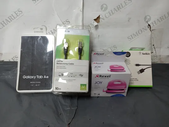 BOX OF APPROX 30 ASSORTED ITEMS TO INCLUDE - REXEL JOY , BELKIN USB TO LIGHTNING , BELKIN CAT5E NETWORKING CABLE ETC