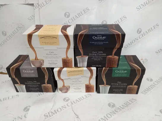 BOX OF ASSORTED FOOD AND DRINK ITEMS TO INCLUDE HOTEL CHOCOLAT DRINKING CHOCOLATE ( MINT, MOCHA LATE)