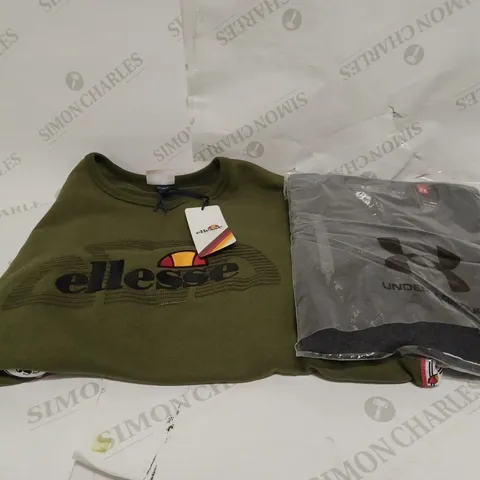 UNDER ARMOUR HEATGEAR TEE IN CHARCOAL GREY SIZE MEDIUM AND ELLESSE MEXICALI CREW NECK SWEATSHIRT IN KHAKI SIZE XL