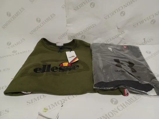 UNDER ARMOUR HEATGEAR TEE IN CHARCOAL GREY SIZE MEDIUM AND ELLESSE MEXICALI CREW NECK SWEATSHIRT IN KHAKI SIZE XL