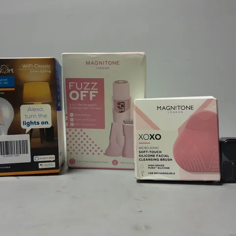 BOX OF APPROX 9 ASSORTED ITEMS TO INCLUDE - MAGN!TONE CLEANING BRUSH , MAGNITONE FUZZ OFF , TCPSMART SMART LIGHT ETC