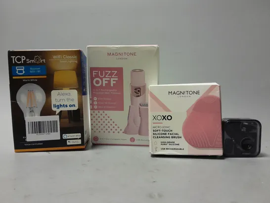 BOX OF APPROX 9 ASSORTED ITEMS TO INCLUDE - MAGN!TONE CLEANING BRUSH , MAGNITONE FUZZ OFF , TCPSMART SMART LIGHT ETC