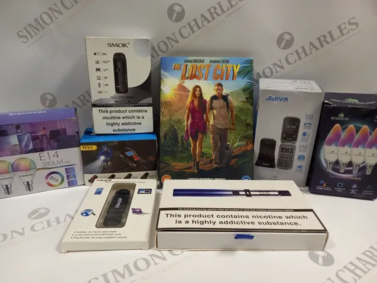 BOX OF APPROX 10 ASSORTED HOUSEHOLD ITEMS TO INCLUDE THE LOST CITY DVD, TOKVIA T201 MOBILE PHONE, ENSHINE LIGHT BULBS, ETC 