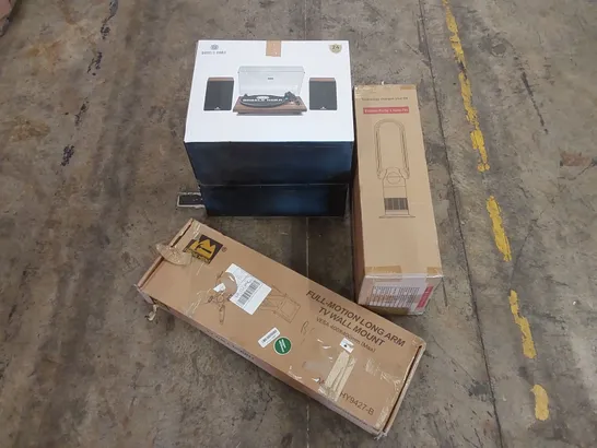 PALLET OF ASSORTED HOUSEHOLD ITEMS AND CONSUMER PRODUCTS TO INCLUDE; TV WALL MOUNT, RECORD PLAYER SOUND SYSTEM, BLADELESS PURIFIER & HEATER FAN, FOOT SIMULATOR ETC