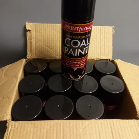 BOXED LOT OF 12 CANS OF PAINT FACTORY HIGH TEMPERATURE COAL SPRAY PAINT 400ML