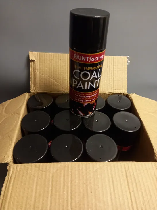 BOXED LOT OF 12 CANS OF PAINT FACTORY HIGH TEMPERATURE COAL SPRAY PAINT 400ML