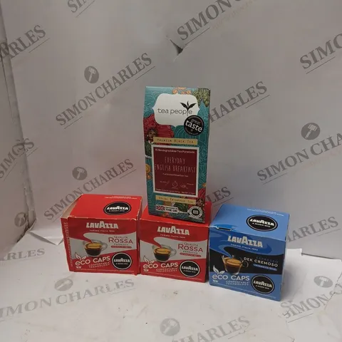 LOT OF ASSORTED FOOD AND DRINK ITEMS TO INCLUDE LAVAZZA AND TEA PEOPLE
