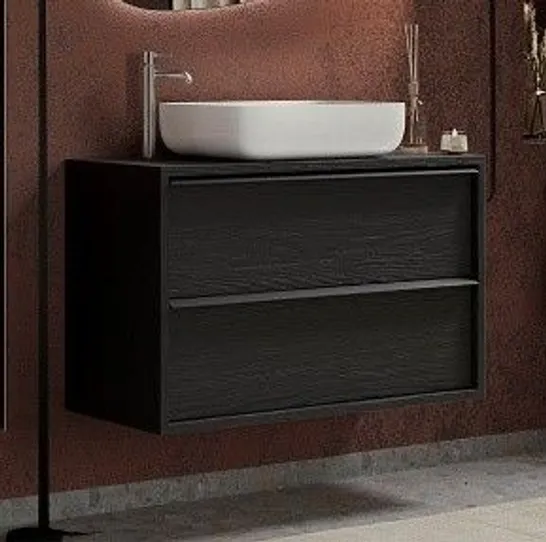 BRAND NEW BOXED RAYA WOODEN 79CM WALL VANITY UNIT WITH 2 DRAWERS IN BLACK ASH 92×79×43CM (2 BOXES)