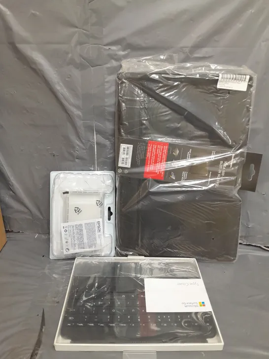 BOX OF ASSORTED ELECTRICAL ITEMS TOO INCLUDE LENOVO SLOT IN SLEEVES , MICROSOFT TYPE COVER , ETC 