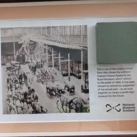 FRAMED NATIONAL MUSEUMS OF SCOTLAND PRESENTATION INCLUDING AN ORIGINAL MINTON FLOOR TILE FROM THE ROYAL MUSEUM