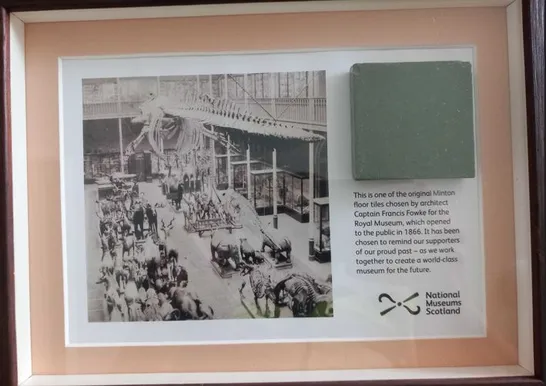 FRAMED NATIONAL MUSEUMS OF SCOTLAND PRESENTATION INCLUDING AN ORIGINAL MINTON FLOOR TILE FROM THE ROYAL MUSEUM