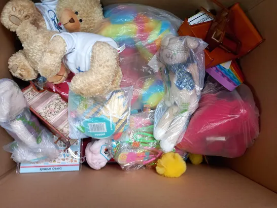 BOX OF APPROXIMATELY 20 ASSORTED TOYS AND GAMES TO INCLUDE PACT TEDDY, WOODEN TOWER GAME, POLLY POCKET TINY POWER SEASHELL PURSE, ETC